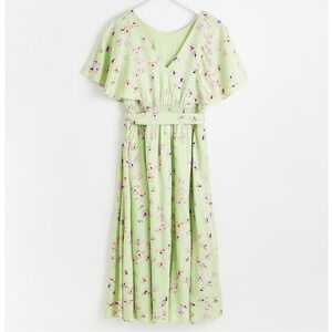 Oliver Bonas Size US 10 Floral Green Jacquard Midi Dress UK14 Lightweight